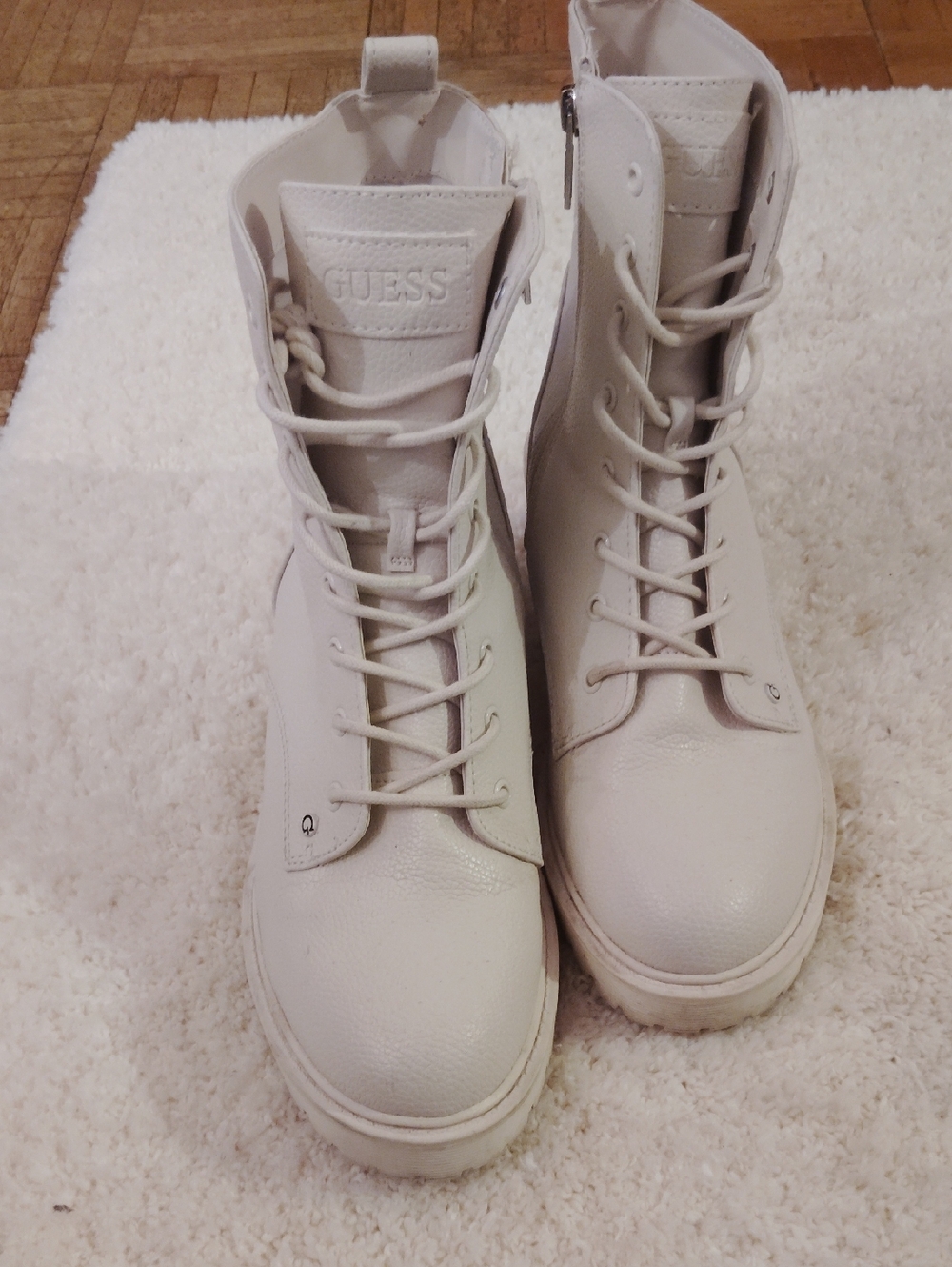 GUESS Cream Lace-Up Platform Combat Boots with Side Zip